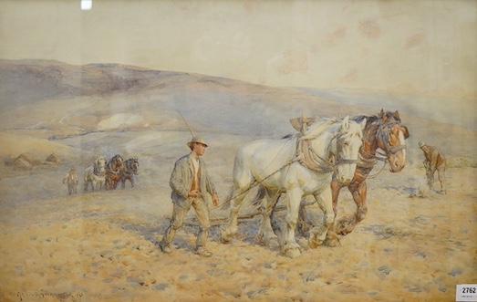 Joseph Harold Swanwick RI (1866-1929), Sussex ploughing scene, signed, watercolour, 57 x 89cm